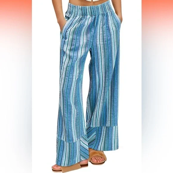 Cicy Bell Striped Palazzo Blue and Green mid raise wide leg trousers - Picture 2 of 8